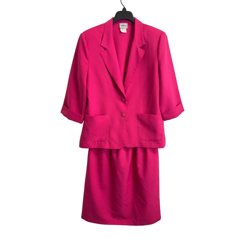 Nikki Vintage Hot Pink Skirt Suit Blazer Set Size 16 Pink 2 Piece Pockets